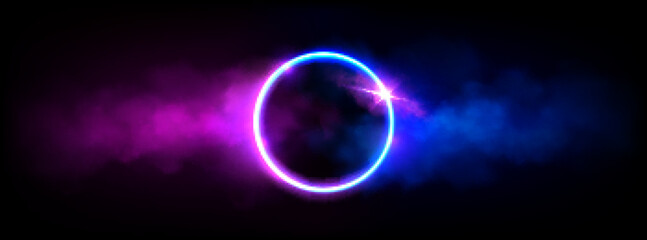 Wall Mural - neon luminous ring frame with cloud or smoke and twinkle. realistic vector of led light circle with 