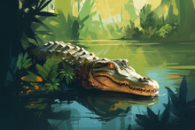 Vector Illustration Of A View Of A Crocodile In A Swamp
