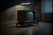 1976 tv model turned on in a dark room photorealism 8k cinematic light 