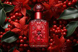 Abstract red perfume bottle, red flowers and berries  background