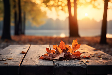 Canvas Print - Autumn Table - Orange Leaves And Wooden Plank At Sunset In Forest