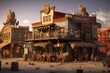 Western town saloon bustling with diverse businesses. 3D render. Generative AI