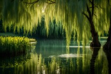 A Peaceful Pond Surrounded By Weeping Willow Trees, Their Branches Gently Dipping Into The Water.