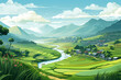 vector illustration of a view of a vast expanse of rice fields