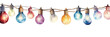 Christmas glowing lights. Garland with colorful hanging light bulbs. Christmas design element. Watercolor or aquarelle painting illustration. Isolated cutout on transparent or white background.
