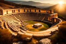 An Ancient Greek Amphitheater Nestled In The Hills, Bathed In Golden Sunlight.