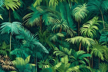  A dense tropical rainforest with towering palm trees and vibrant foliage in various shades of green.