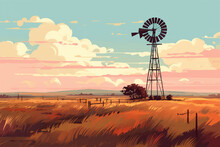 Vector Illustration Of A View Of A Windmill In A Meadow