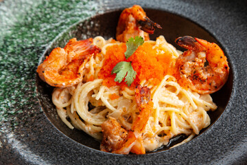 Wall Mural - Spaghetti with grilled shrimp, ebiko, and cream sauce