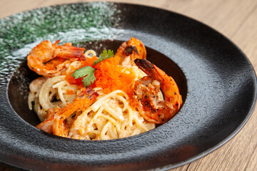 Canvas Print - Spaghetti with grilled shrimp, ebiko, and cream sauce