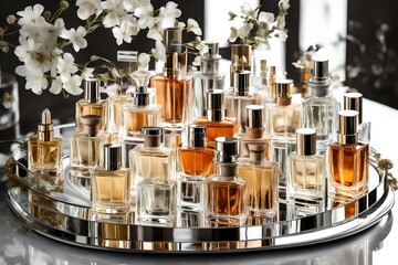 Wall Mural - A collection of designer fragrance bottles on a mirrored tray