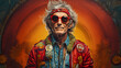 Old hippy man in vibrant retro clothing and sunglasses. 60s and 70s vibe