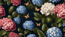 Floral Vintage Background, Dark Seamless Pattern. Hand-drawn 3d Illustration. Garden Flowers, Hydrangea, Gypsophila, Leaves, Fireflies, Magic Blooming, Generative AI