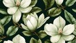 Magnolia flowers, floral background, tropical seamless pattern, luxury wallpaper. Green leaves. Dark vintage hand-painted watercolor 3d illustration. Printable modern art, stylish mural, Generative AI