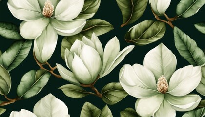 Wall Mural - Magnolia flowers, floral background, tropical seamless pattern, luxury wallpaper. Green leaves. Dark vintage hand-painted watercolor 3d illustration. Printable modern art, stylish mural, Generative AI