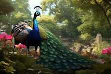 Digital Artwork Of A Peacock In A Park. Generative AI