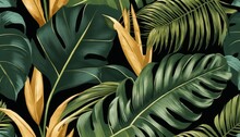 Tropical Seamless Pattern With Beautiful Palm, Banana Leaves. Hand-drawn Vintage 3D Illustration. Glamorous Exotic Abstract Background Design.for Luxury Wallpapers, Cloth,fabric Printing,Generative AI