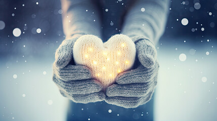 Wall Mural - girl in gloves,  holding a knitted heart in her hands, winter theme