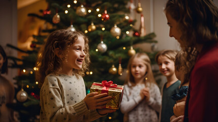 Wall Mural - Jesus giving gift to child at Christmas, love concept