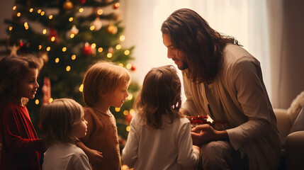 Wall Mural - Jesus giving gift to child at Christmas, love concept