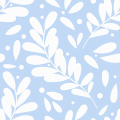 Wall Mural - Blue and white leaf vector pattern, winter background seamless repeat tile