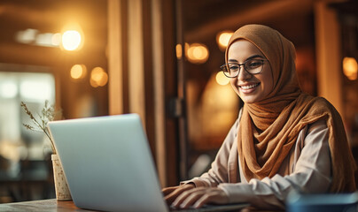 Happy and successful business woman in hijab working with laptop inside modern office building, muslim woman in glasses smiling and happy with work achievement.