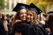 Young women embracing each other after graduation ceremony on university.