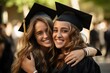 Young women embracing each other after graduation ceremony on university.