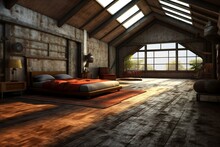 A Spacious, Contemporary Room With A Sloped Back Wall, Rough Floor, And Industrious Feel. Generative AI