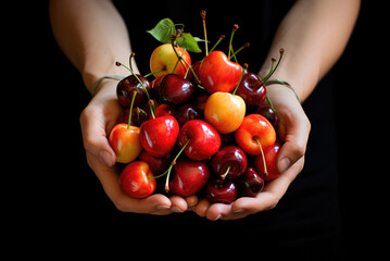 Wall Mural - Different varieties of cherries in the palms of a person close-up