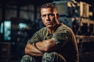 Wall Mural - Confident soldier thinking, arms crossed in army building.