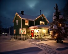 Cozy Christmas Home: Festive House With Snowy Yard And Classic Fence