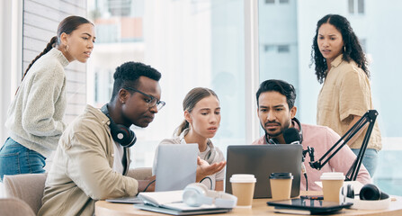Podcast, laptop problem or group of people, speaker or presenter stress on talk show, broadcast crisis or streaming mistake. Radio error, software glitch or team frustrated for online multimedia fail