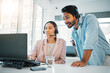 © Rene L/peopleimages.com - People at call center, training with manager and help, laptop and support with CRM process, customer service and telecom. Working together, team and coaching in office with telemarketing and advice
