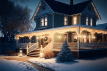 Wide View Of A Farm Style Home With A Huge Porch Decorated With Multicolor Christmas Lights Candles In Attic Windows Icicle Lights Hanging From The Gutters Snowman In The Front Yard Everything Is 