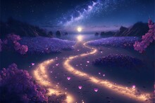 This Is A Surreal And Complex CG Rendering Super Wide Viewing Angle Empty Vistas Transparent Frames Glowing Rose Petals Floating In The Night Sky Forming Sparkling Hearts Many Purple Roses Forming 