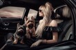 Lady flowy dress. Glamorous lady with two dogs in luxury car. Generate ai