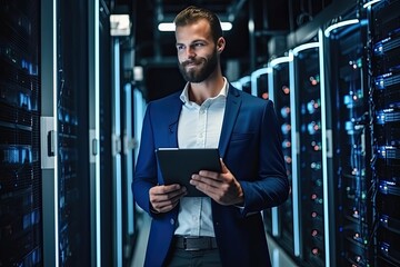 Wall Mural - Handsome young businessman using digital tablet while standing in server room