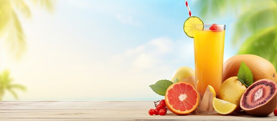 Poster - Tropical juice lemonade and fruit on a table With copyspace for text