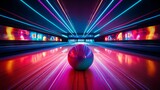 Fototapeta  - Vibrant neon-lit bowling balls on a polished lane at a modern bowling alley