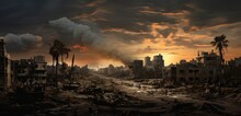 Painting Style Illustration Of War Destroyed Area Of Civilian  Town Building And Home With Fire And Bomb Cloud Explode At Horizon , Generative Ai