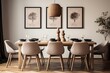 Interior of a cozy Scandinavian style dining room, wooden chairs and table, soft lighting, elegant and understated decor, Scandinavian art prints