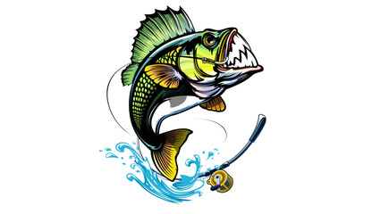 Wall Mural - Fishing bass logo. Bass fish with rod club emblem. Fishing theme illustration. Fish Isolated on white.