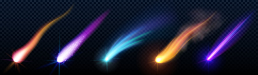 Wall Mural - falling or flying comet or meteor with colorful dust and smoke trail with light glowing effect. real
