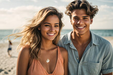 Beautiful Young Couple Smiling On A Summer Day At The Beach