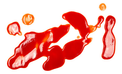 Wall Mural - Red ketchup splashes, smeared isolated on white background, tomato pure texture, top view

