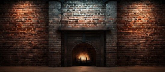 Poster - Vacant setting with brick fireplace wall Dark room big windows and fireplace With copyspace for text