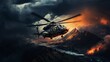 fiktiver helikopter fliegt am himmel einen einsatz dramatisch abendrot wolken generative ki