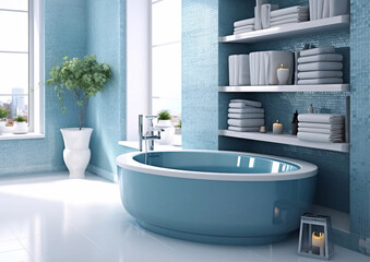 Modern scandinavian style bathroom interior with shelves and bathtub with blue marine tones.Macro.AI Generative