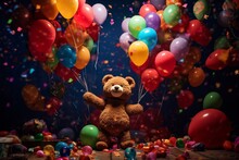 A Collection Of Vibrant Balloons And A Cuddly Teddy Bear. Generative AI